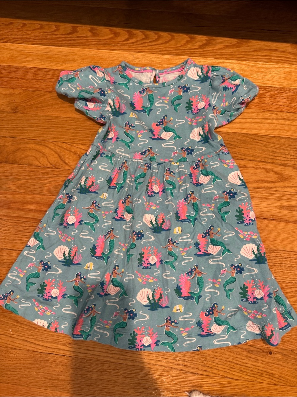 Mini Boden Teal Mermaid Print Dress with Pink & Green Accents
